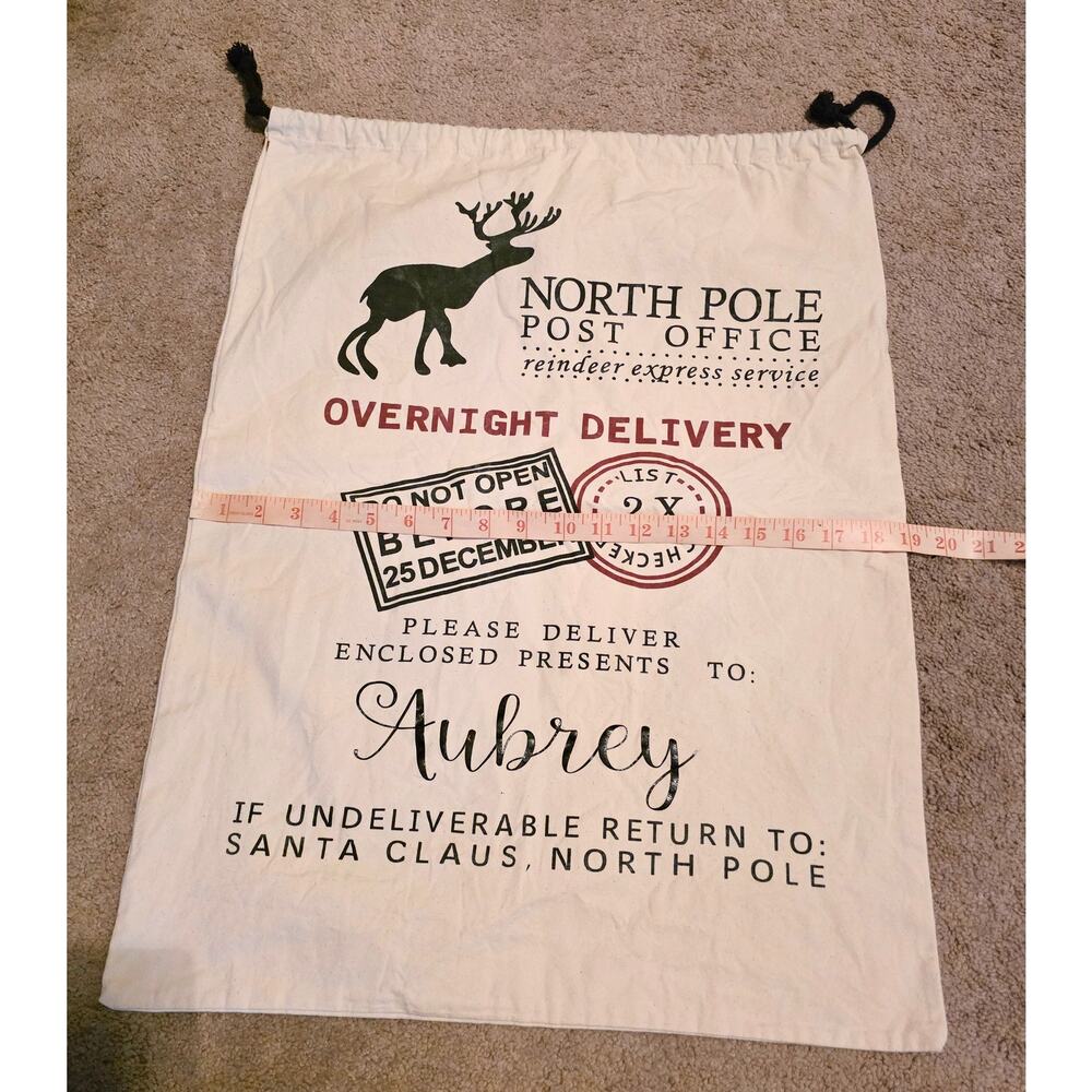 24" x 19" Canvas North Pole Christmas Bag "Please deliver to Aubrey"